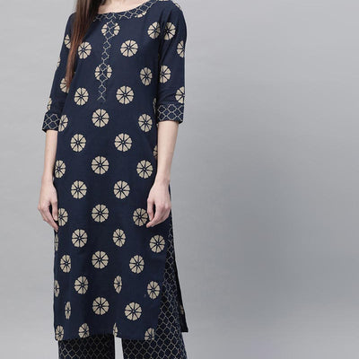 Navy Blue Pure Cotton Floral Printed Kurta Set VKSET1001