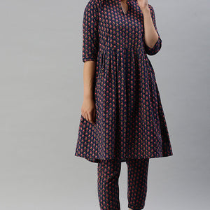 Cotton Navy Blue Floral Printed A Line Kurta Palazzo Set VKSET1136