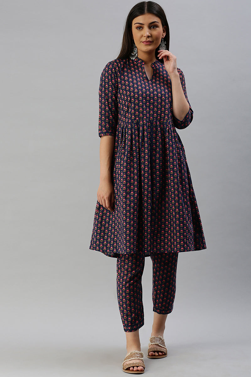 Cotton Navy Blue Floral Printed A Line Kurta Palazzo Set VKSET1136