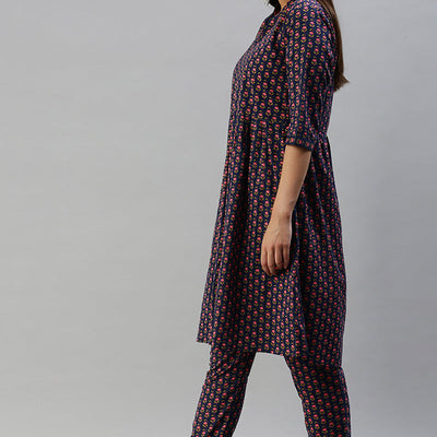 Cotton Navy Blue Floral Printed A Line Kurta Palazzo Set VKSET1136