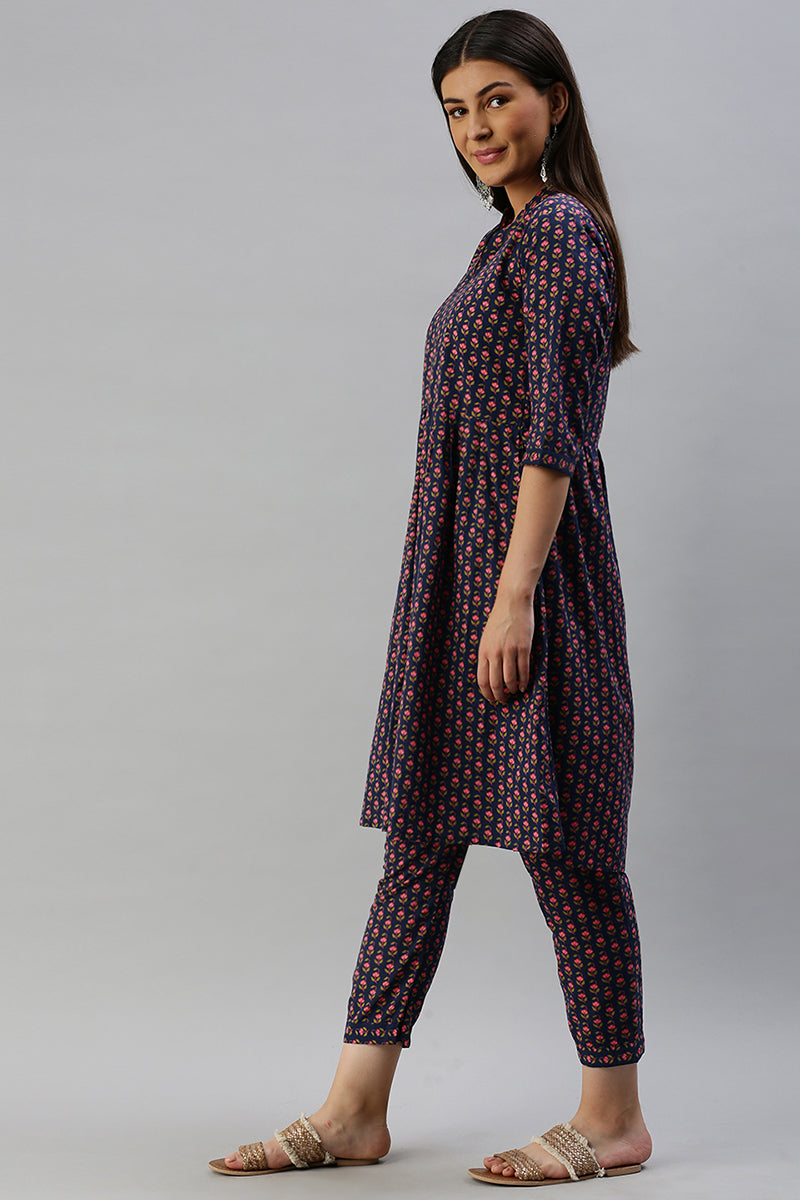 Cotton Navy Blue Floral Printed A Line Kurta Palazzo Set VKSET1136