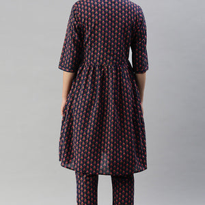 Cotton Navy Blue Floral Printed A Line Kurta Palazzo Set VKSET1136