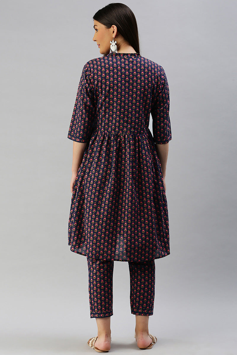 Cotton Navy Blue Floral Printed A Line Kurta Palazzo Set VKSET1136