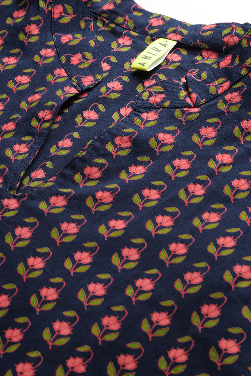 Cotton Navy Blue Floral Printed A Line Kurta Palazzo Set VKSET1136