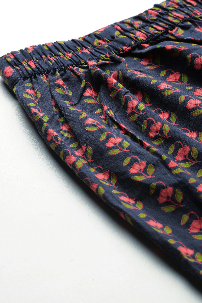 Cotton Navy Blue Floral Printed A Line Kurta Palazzo Set VKSET1136