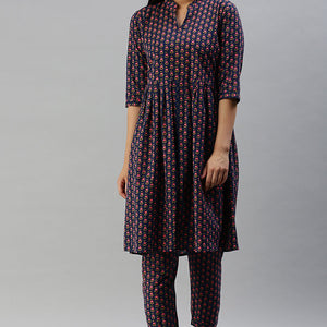 Cotton Navy Blue Floral Printed A Line Kurta Palazzo Set VKSET1136