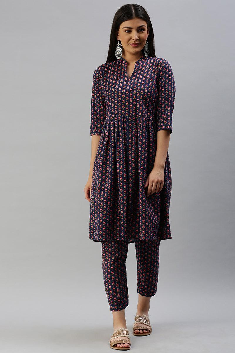 Cotton Navy Blue Floral Printed A Line Kurta Palazzo Set VKSET1136