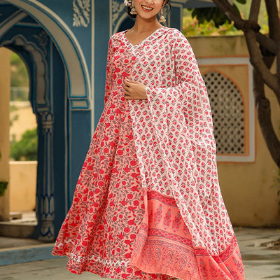 Pink Cotton Anarkali Suit Set VKSKD1137