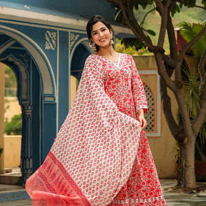 Pink Cotton Anarkali Suit Set VKSKD1137