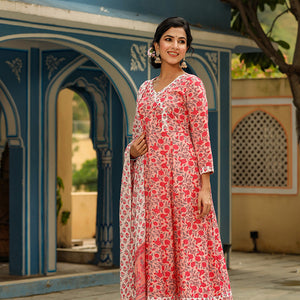 Pink Cotton Anarkali Suit Set VKSKD1137