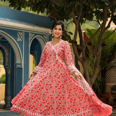 Pink Cotton Anarkali Suit Set VKSKD1137