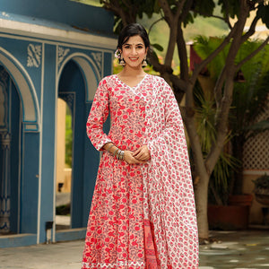 Pink Cotton Anarkali Suit Set VKSKD1137
