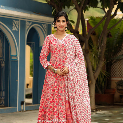 Pink Cotton Anarkali Suit Set VKSKD1137