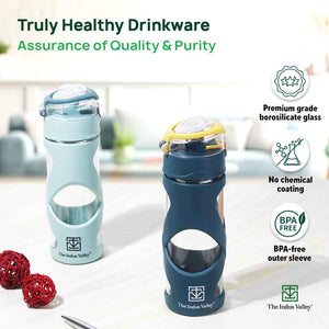 Premium Pro-hydro Borosilicate Glass Bottle | 500ml | Removable Filter | Dark blue, Light blue