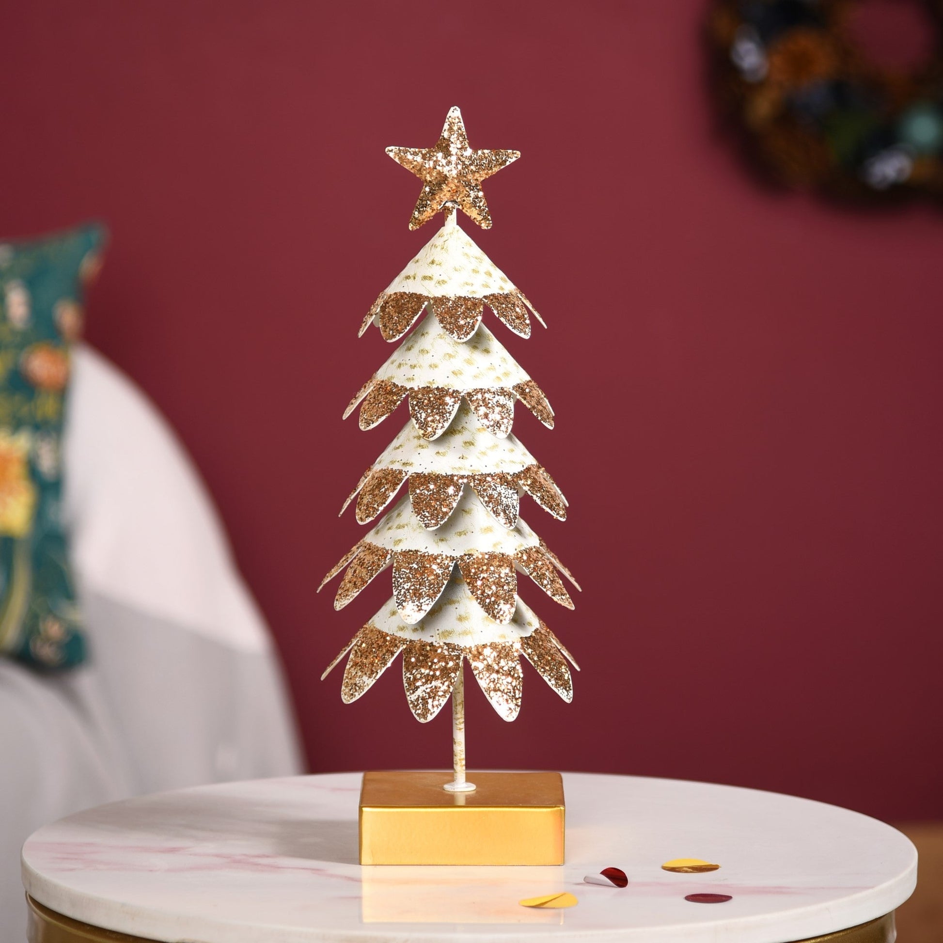 White Christmas Tree With Gold Glitter Showpiece