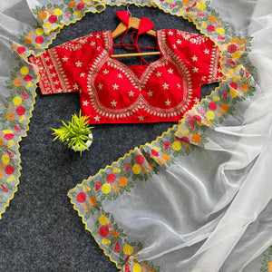 White Embroidered Organza Saree with Silk Blouse – Elegance Redefined