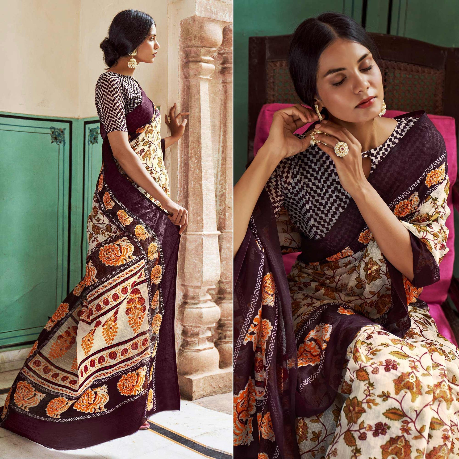 Cream Foil Digital Printed Cotton Blend Saree