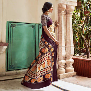 Cream Foil Digital Printed Cotton Blend Saree