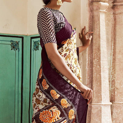 Cream Foil Digital Printed Cotton Blend Saree