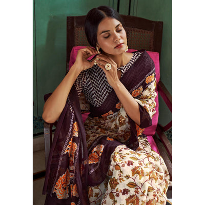 Cream Foil Digital Printed Cotton Blend Saree