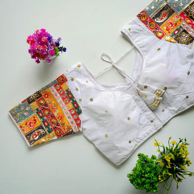 White Golden Embroidered Seoul Silk Blouse with Sequins