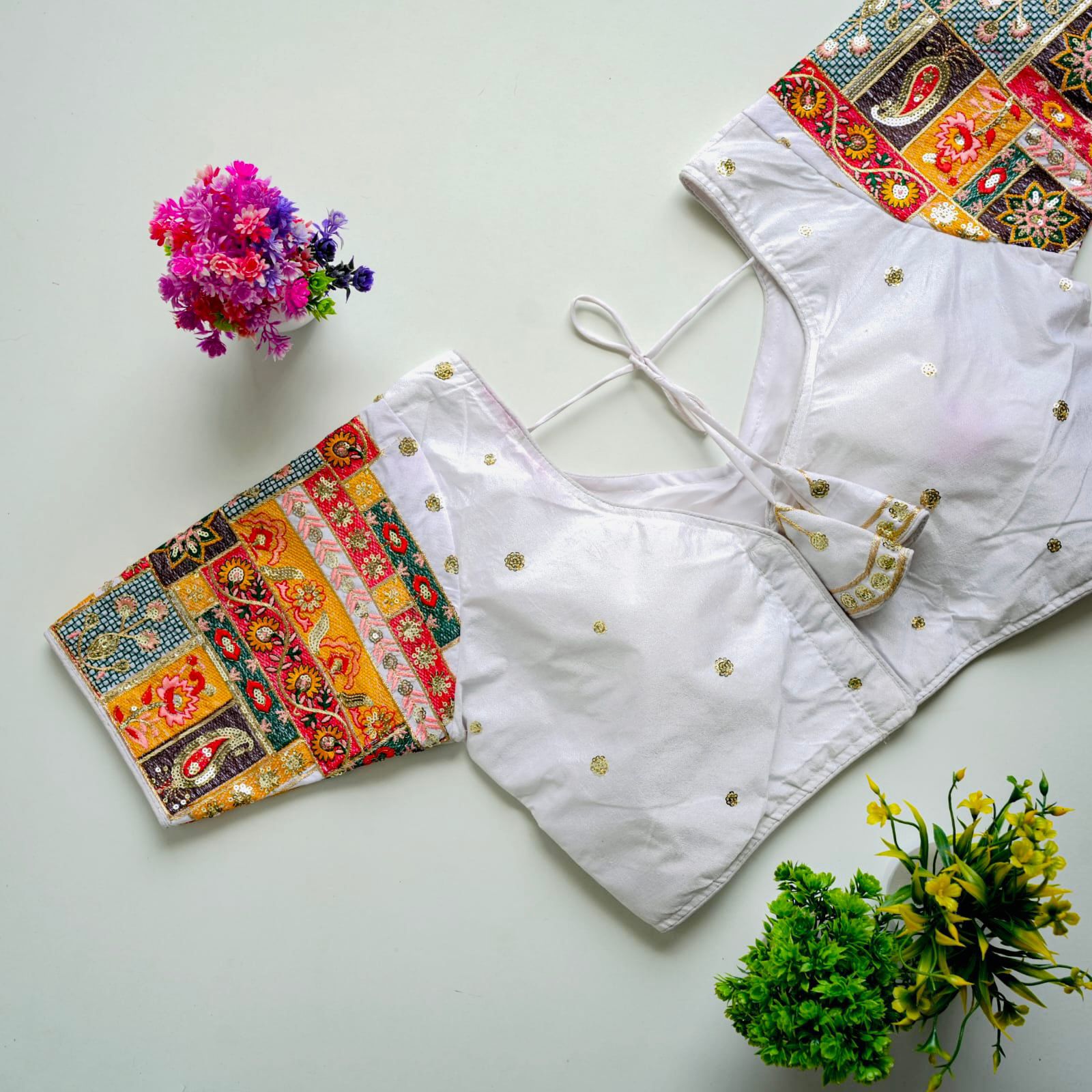 White Golden Embroidered Seoul Silk Blouse with Sequins