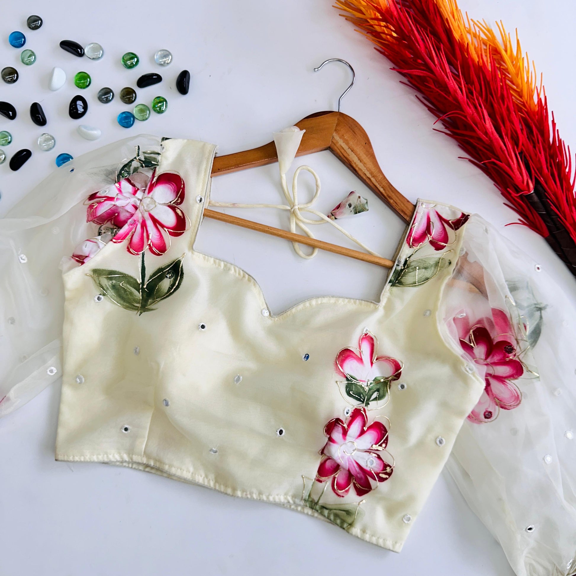 White Hand-Painted Organza Silk Blouse with Embroidery Accents