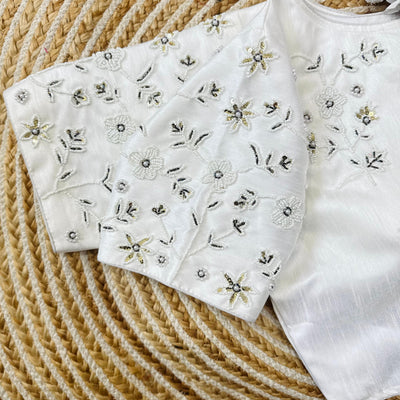 White Handcrafted Jilmil Silk Blouse with Intricate Embroidery