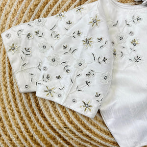 White Handcrafted Jilmil Silk Blouse with Intricate Embroidery