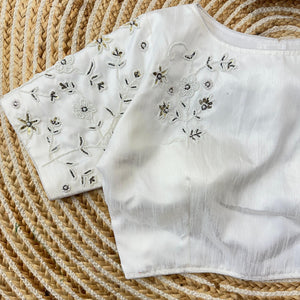 White Handcrafted Jilmil Silk Blouse with Intricate Embroidery