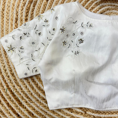 White Handcrafted Jilmil Silk Blouse with Intricate Embroidery