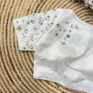 White Handcrafted Jilmil Silk Blouse with Intricate Embroidery