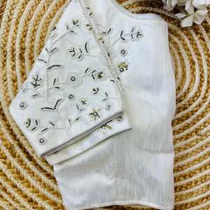 White Handcrafted Jilmil Silk Blouse with Intricate Embroidery