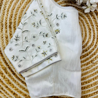 White Handcrafted Jilmil Silk Blouse with Intricate Embroidery