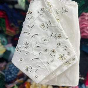 White Handcrafted Jilmil Silk Blouse with Intricate Embroidery
