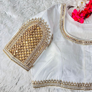 White Handcrafted Sequence Blouse in Watermelon Silk – Perfect Fit for Any Occasion