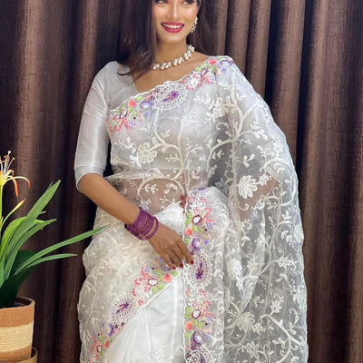White Organza Saree with Vibrant 6-Color Thread Embroidery – Paired with Elegant White Silk Blouse