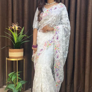 White Organza Saree with Vibrant 6-Color Thread Embroidery – Paired with Elegant White Silk Blouse