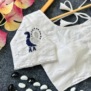 White Party Wear Blouse in Lemon Silk with Elegant Handwork and Knot Design