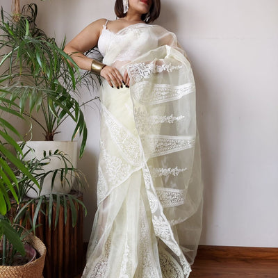 White Semi-Pure Organza Saree with Exquisite Lucknowi Work & Matching Blouse