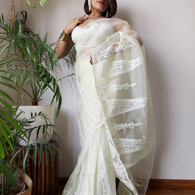 White Semi-Pure Organza Saree with Exquisite Lucknowi Work & Matching Blouse