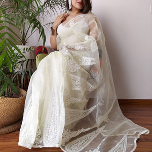 White Semi-Pure Organza Saree with Exquisite Lucknowi Work & Matching Blouse