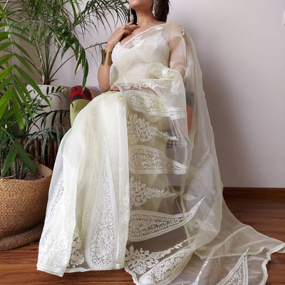 White Semi-Pure Organza Saree with Exquisite Lucknowi Work & Matching Blouse
