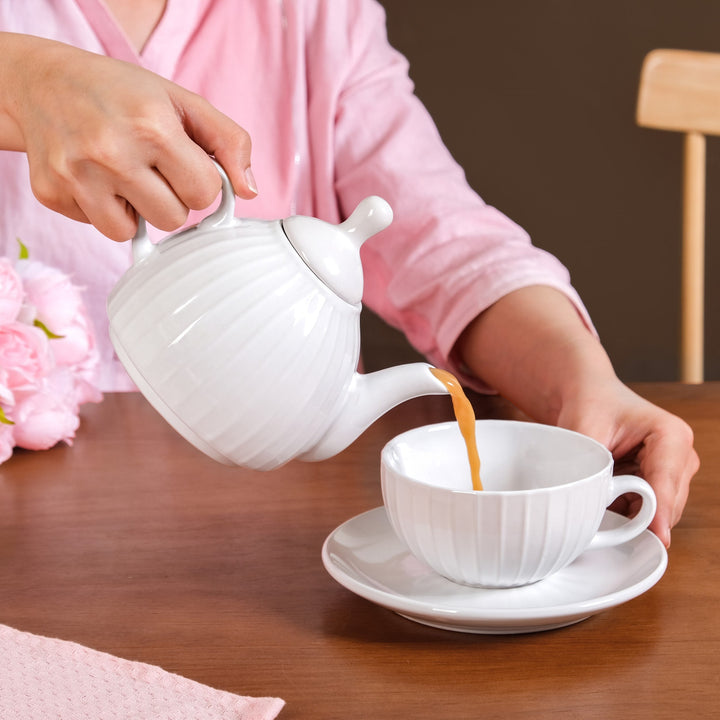 Ambrosia White Ceramic Teapot With Cup And Saucer