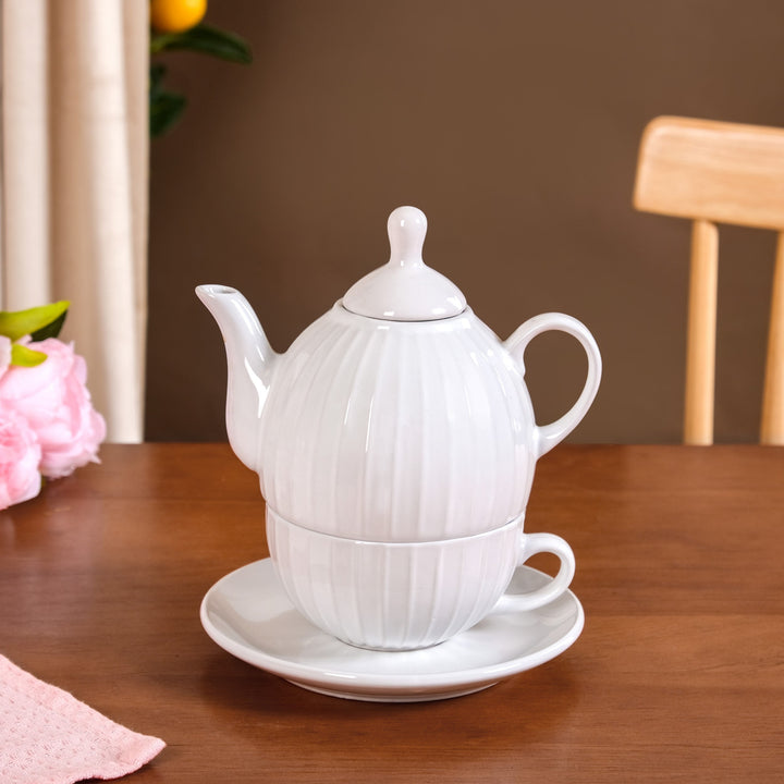 Ambrosia White Ceramic Teapot With Cup And Saucer