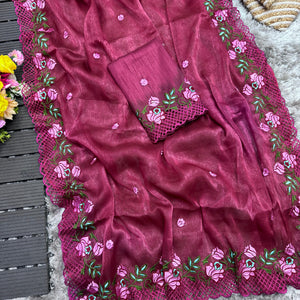 Wine Crush Silk Saree with Intricate Floral Embroidery & Matching Blouse