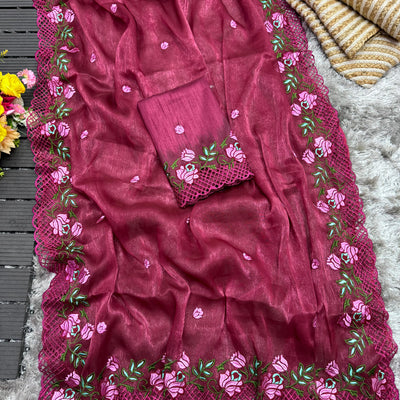 Wine Crush Silk Saree with Intricate Floral Embroidery & Matching Blouse