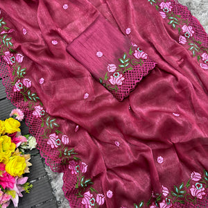 Wine Crush Silk Saree with Intricate Floral Embroidery & Matching Blouse