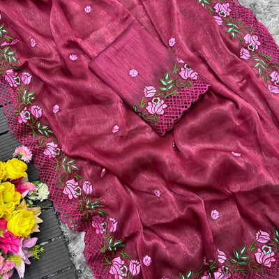 Wine Crush Silk Saree with Intricate Floral Embroidery & Matching Blouse