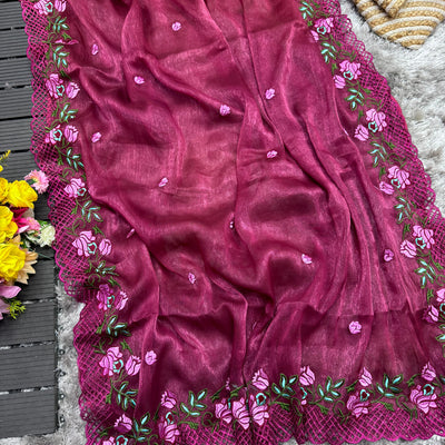 Wine Crush Silk Saree with Intricate Floral Embroidery & Matching Blouse
